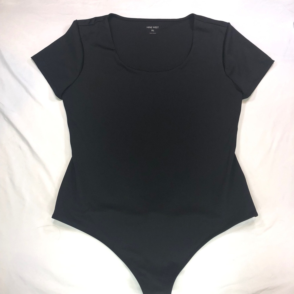 Nine West Womens Bodysuit XL Black Short Sleeve Scoop Neck Stretch W/W23K004RS